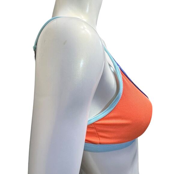 Color Block Bikini Top Orange Blue Retro V-Cut Athletic Swim Medium Ribbed - Picture 16 of 16